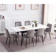T-1818 Modern Extension Dining Table with Sintered Stone White Marble Top With Black Steel Legs (Online Only)